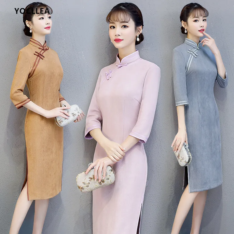 

2018 Women Autumn Winter Warm Suede Cheongsams Dress girl Three Quarter sleeve Traditional Chinese clothing Qipao dresses