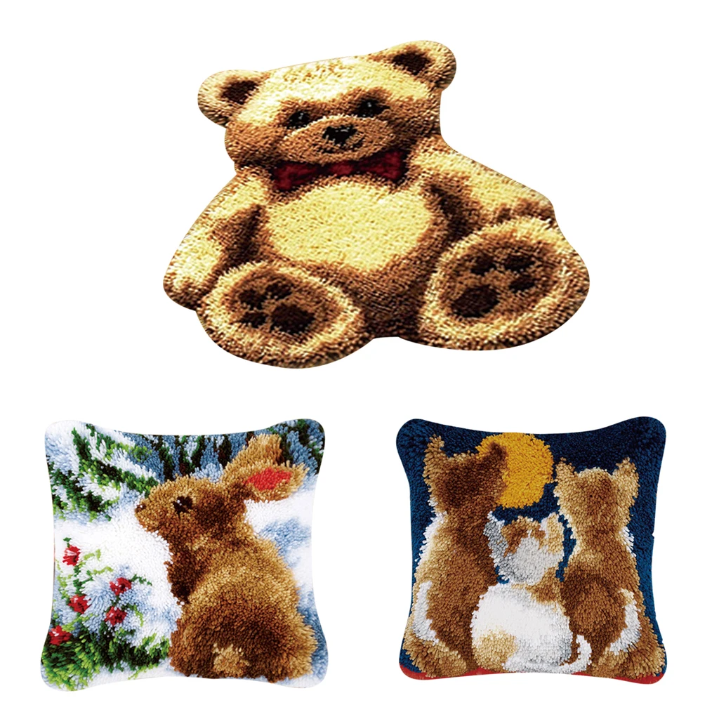 3 Sets Animals Bear Rabbit Cat Latch Hook Kits Rugs Cushion Crafts Embroidery For Beginners