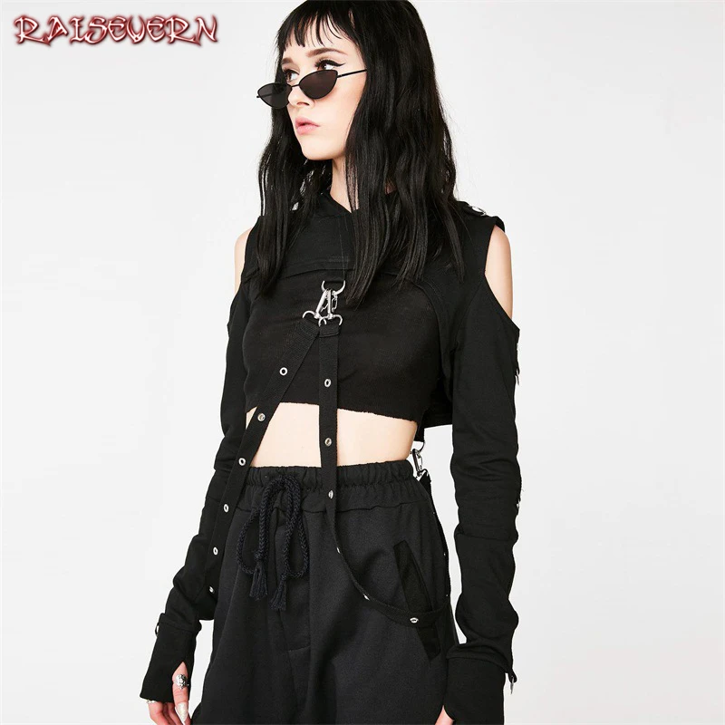 RAISEVERN Gothic Sexy Crop Top Metal Rings Bandage Off-shoulder Long Sleeves With Hat Punk Style Balck Women Crop Tops T-shirts
