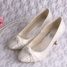 Wedopus Custom Color and Heel Beige Satin Crystal Stiletto Wedding Shoes Small Size 6