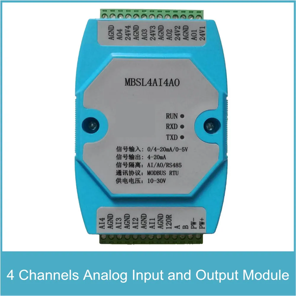 4 Channels Analog Input and Output Module 4 Channels AD Input and DA Output RS485 MODBUS Protocol Communication 4 Channels Analog Input and Output Module 4 Channels AD Input and DA Output RS485 MODBUS Protocol Communication