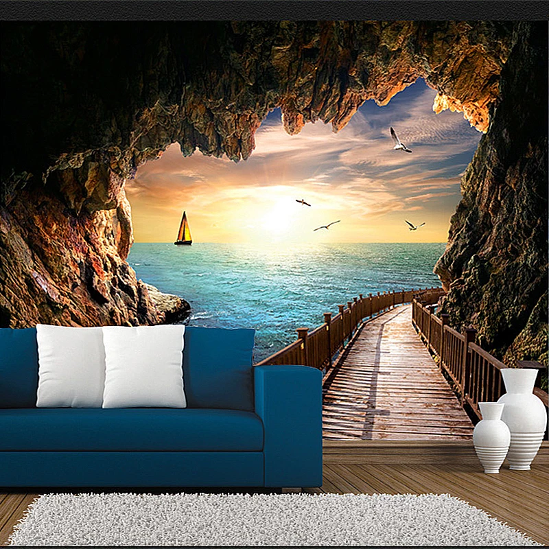 Пользовательские фото обои красивый закат пещера Приморский Пейзаж 3D настенная роспись Гостиная столовая современная креативная настенная бумага