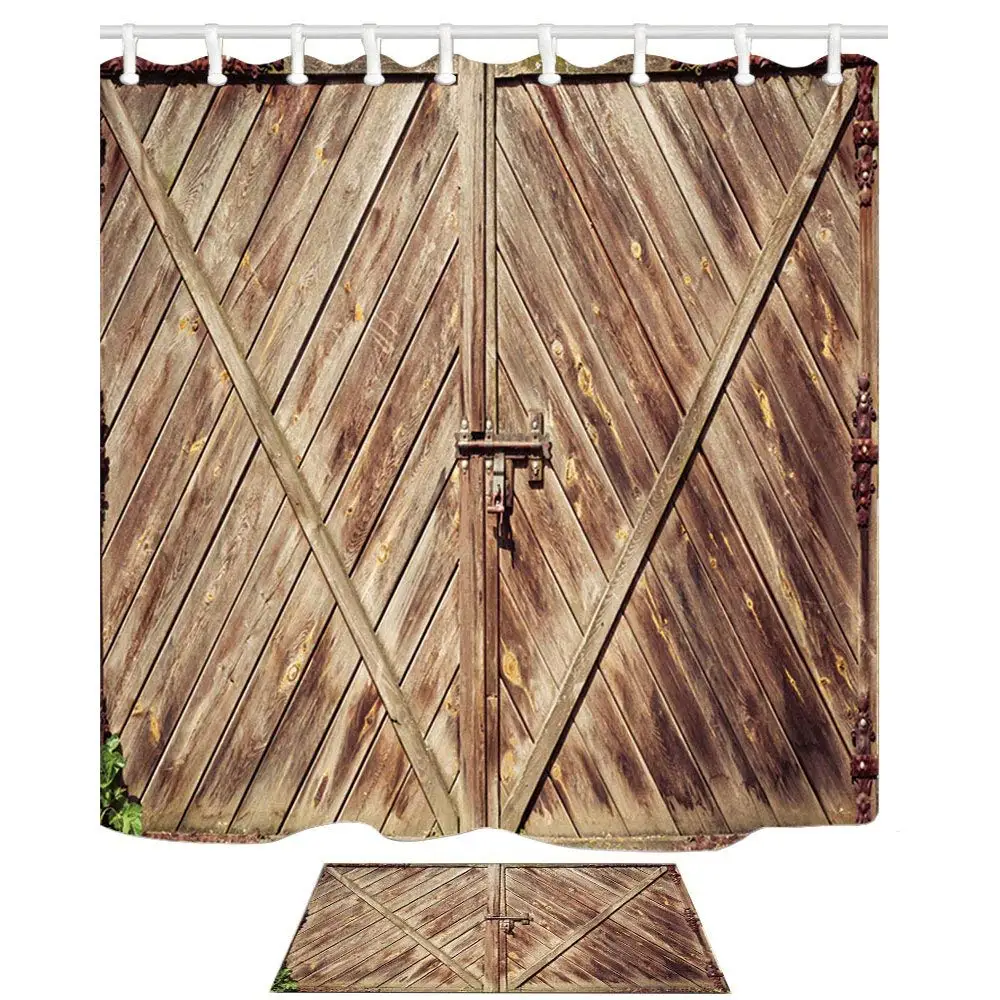 Vintage Rustic Wooden Door with Metal Handle Mildew Resistant Polyester Fabric Shower Curtain Set Flannel Floor Doormat Bath Rug
