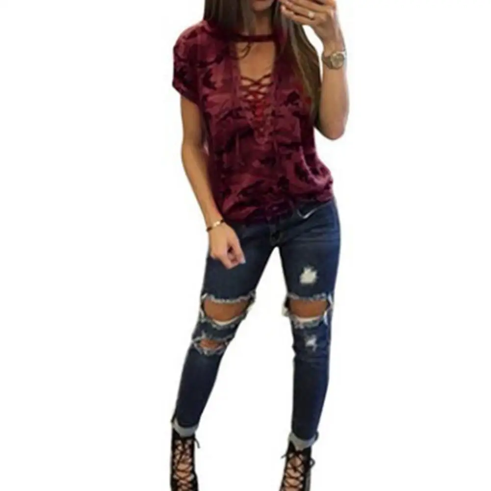 

Yfashion Women Summer Sexy Camouflage Hollowed bandage Short-sleeved T-shirt