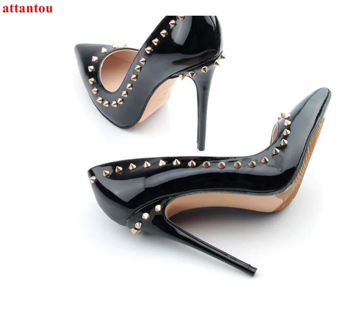 Black high heels golden rivet decor woman dress shoes thin heel female pumps slip-on pointed toe party shoes stiletto heels