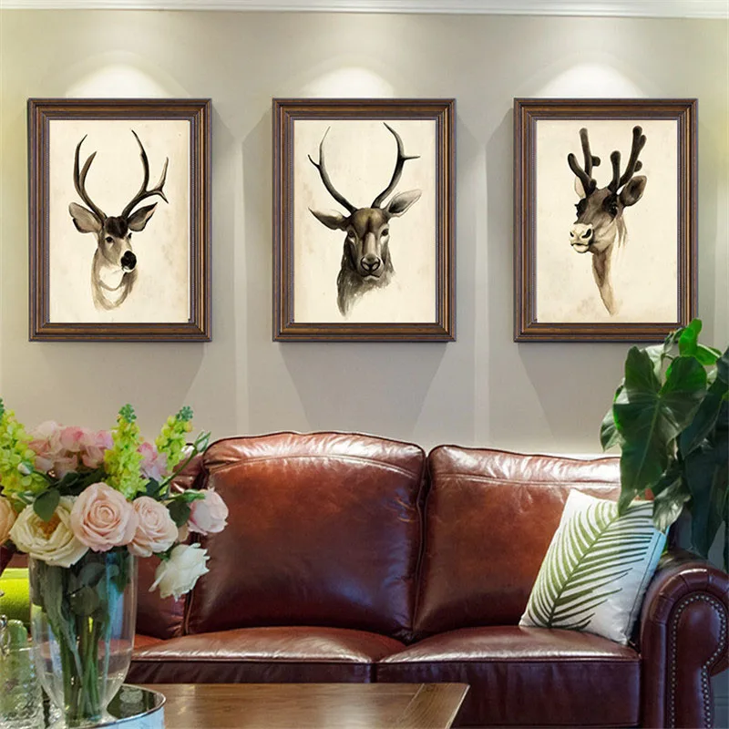 

HAOCHU Nordic Retro Deer Animal Mural Wall Art Canvas Print Painting Home Decor Living Room Bedroom Study Poster Hotel Picture