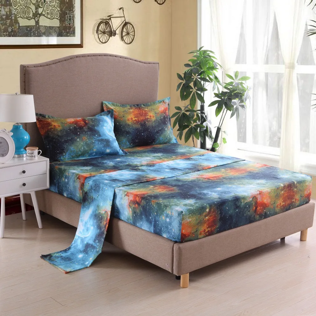 3D Print Bedding Set Modern Galaxy Flat Sheet 40cm Fitted Sheet+bed Sheets+Pillowcase Starry Sky Bedclothes Full Size19 - Цвет: 3