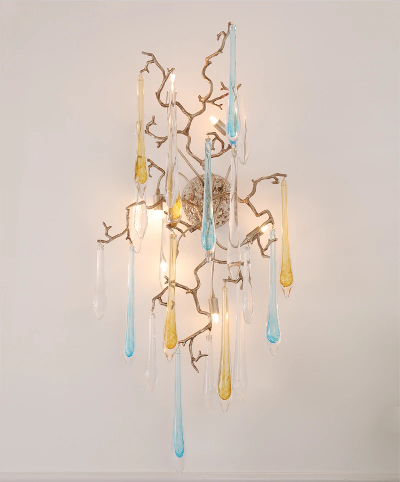 

Phube Lighting Artistic Branches Crystal Wall Lamp Water Drops Wall Light Colored Glazed Bar Salon Copper Sconce Light Lighting