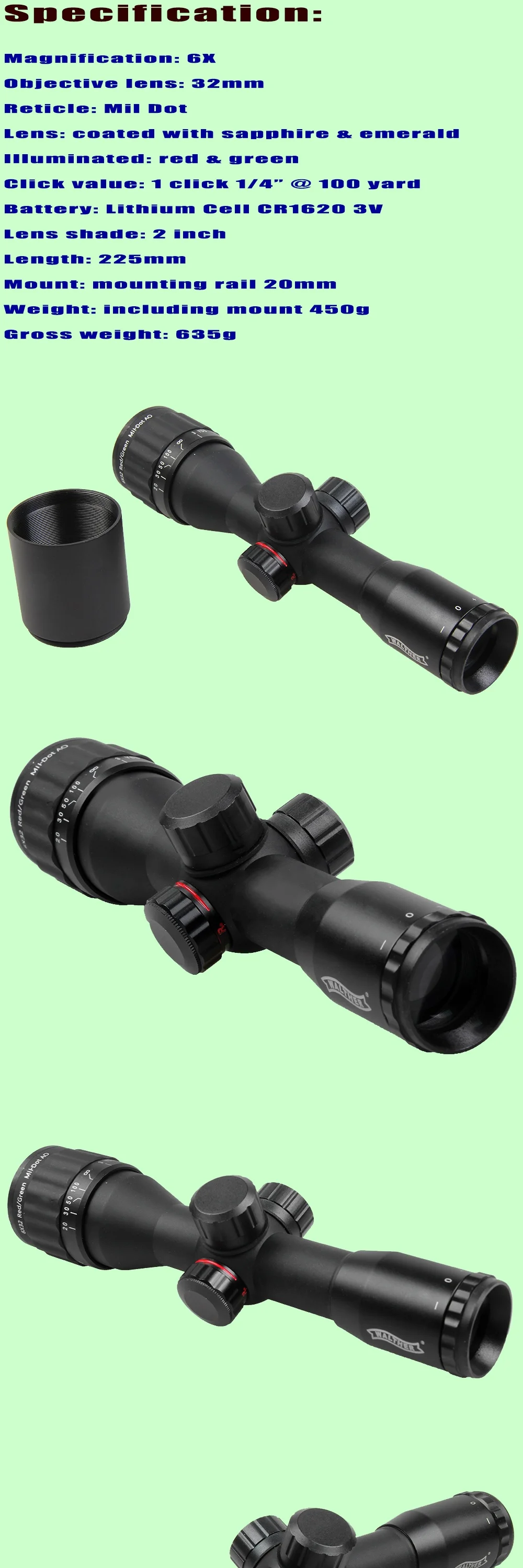 WALTHER 6X32 AOE тактическая область Riflescopes оптика охотничья область красный и зеленый точка с подсветкой сетка волокно прицел