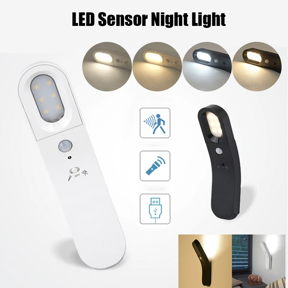 Светодиодный светильник с датчиком движения PIR на батарейках, светодиодный светильник с зарядкой от USB, Магнитная база для спальни, кухонного шкафа, Ночной светильник, настенный светильник