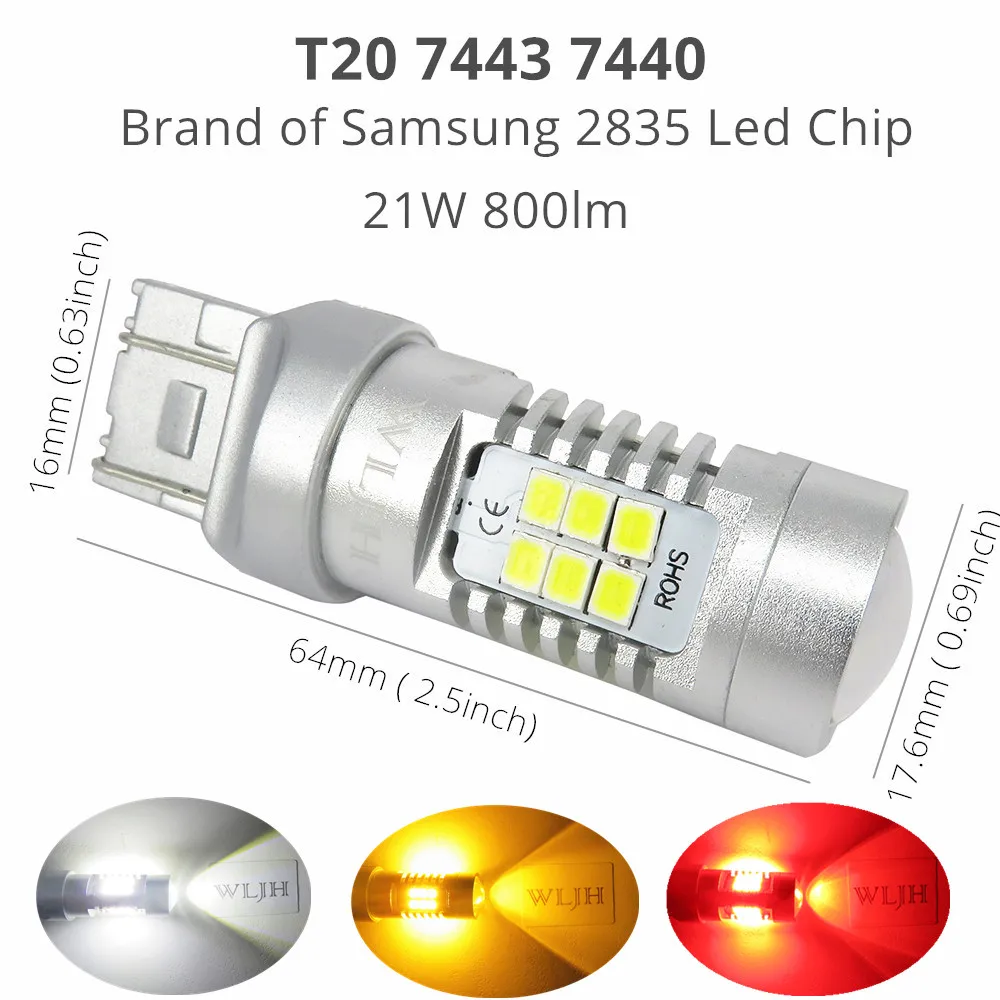 WLJH 2x T20 7443 7440 светодиодный фонарь 21 Вт 800 лм 2835 SMD линзы дневные ходовые огни DRL