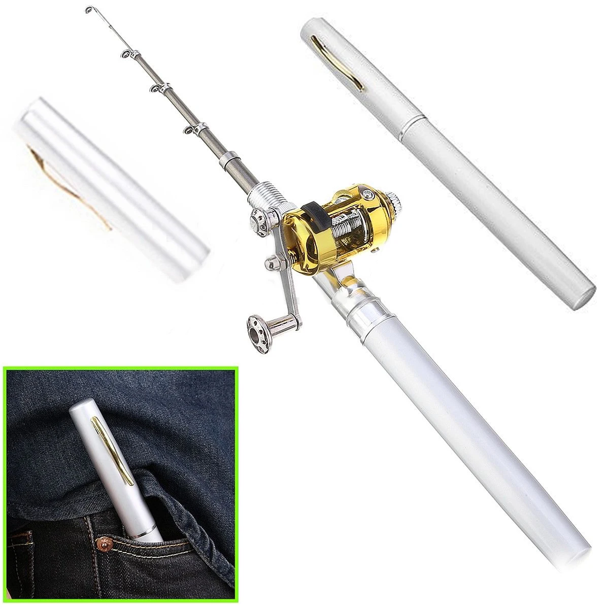 Portable Mini Pocket Telescopic Pen Fishing Tackle Rod Pole Reel Aluminum Alloy Fishing Rod Pen Silver For Fishing Tackle