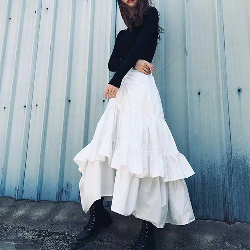 RealShe New Skirts Womens High Elastic Elegant Asymmetrical Cake Ruffles A-Line Skirt Ladies Autumn Casual Skirt Jupe Femme