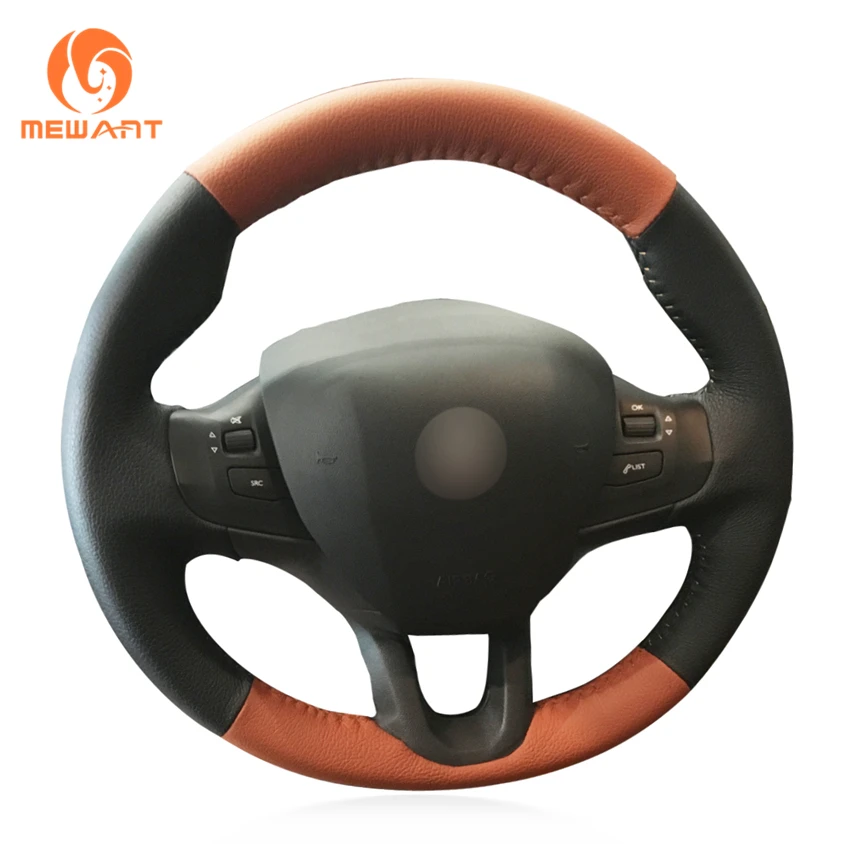 MEWANT Hand stitched DIY Black Brown Leather Car Steering Wheel Cover