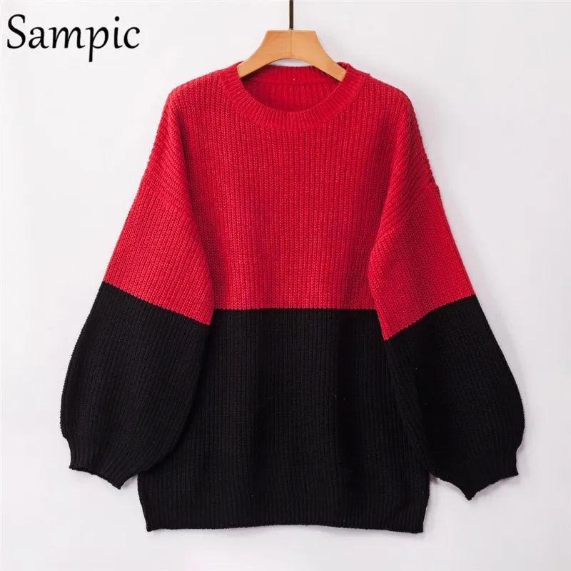 Sampic Повседневный пуловер с длинным рукавом в стиле пэчворк с круглым вырезом свободный рождественский джемпер красный черный зимний Топ вязаный женский свитер