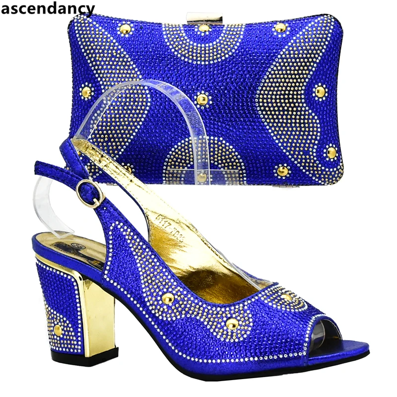 

Royal Blue Color Nigerian Party Shoe and Bag Sets Decorated with Rhinestone African Wedding Shoe and Bag Set Party Shoes and Bag