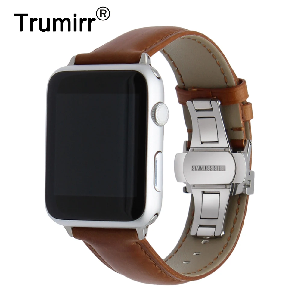 Kaufen Italienische Echtem Leder Armband für iWatch Apple Uhr 5 4 3 2 38mm 40mm 42mm 44mm stahl Schmetterling Schließe Band Handgelenk Strap Gürtel