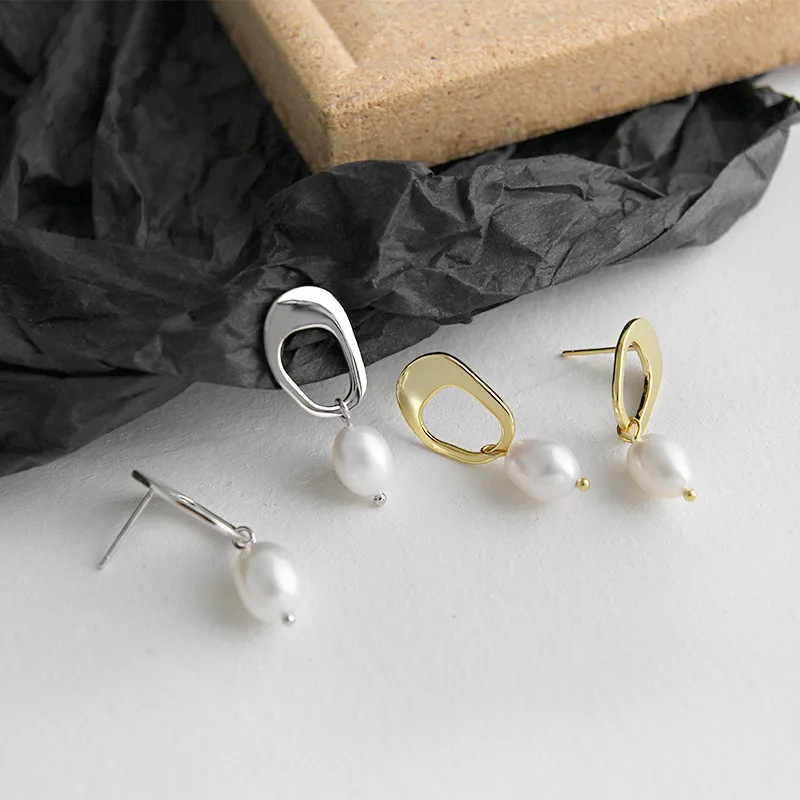 

100% Authentic 925 Sterling silver White/ Golds Irregular open gepmetric &natural Pearl dangle Earrings Fine jEWELRY TLE560