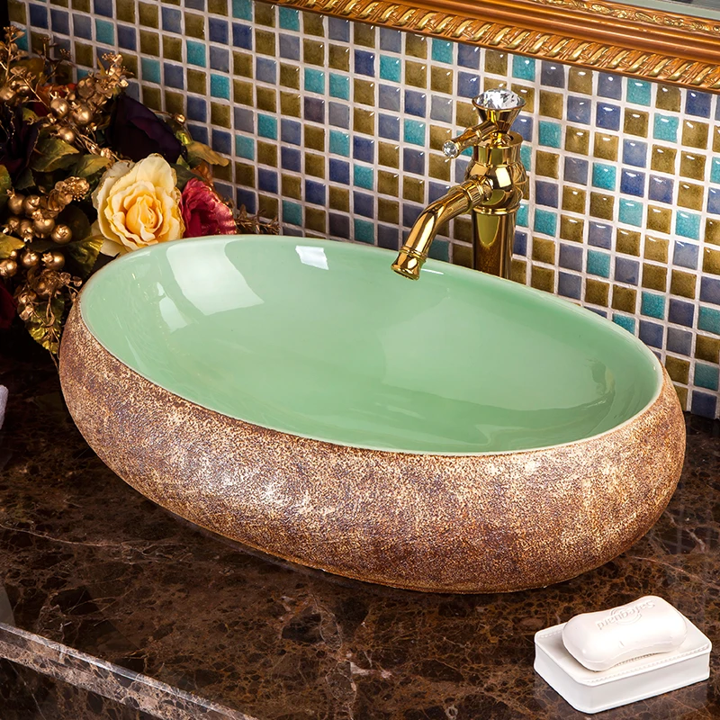 Oval Chinese Ceramic Art Basin Sink Counter Top Wash Basin Bathroom