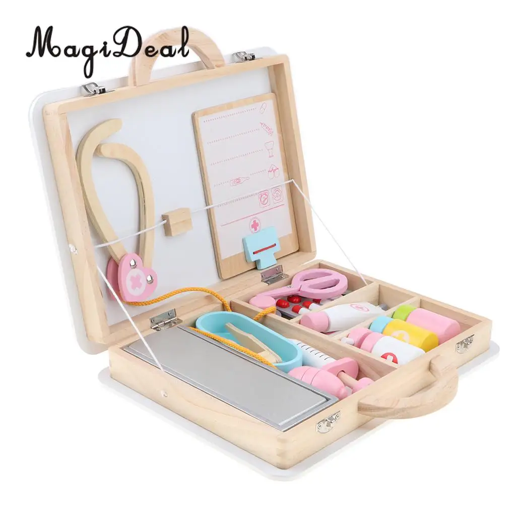 15 Pieces Wooden Medical Kits Box Carry Case Doctor Nurse Game Role Playing Set Kids Toy Educational