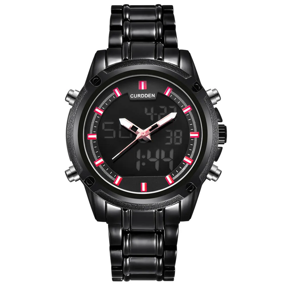 

CURDDEN Multi-Function Men Sport Watch Waterproof Stainless Back Light Chronograph Complete Calendar LED Dual Display Luxury