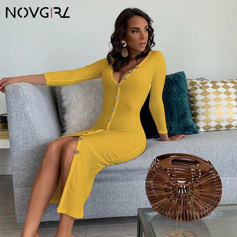 

Novgirl Chic Buttons Off Shoulder Knit Midi Maxi Dress Women 2019 Autumn Winter Long Sleeve Skinny Club Party Sexy Yellow Dress