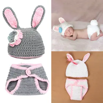 

2pcs/Set Newborn Photography Props Handmade Winter Baby Clothes Cute Knitted Rabbit Shaped Hat+Shorts Infant Warm Outfits Set