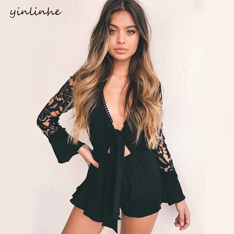 Женский кружевной комбинезон yinlinhe красный короткий с длинным рукавом фонариком