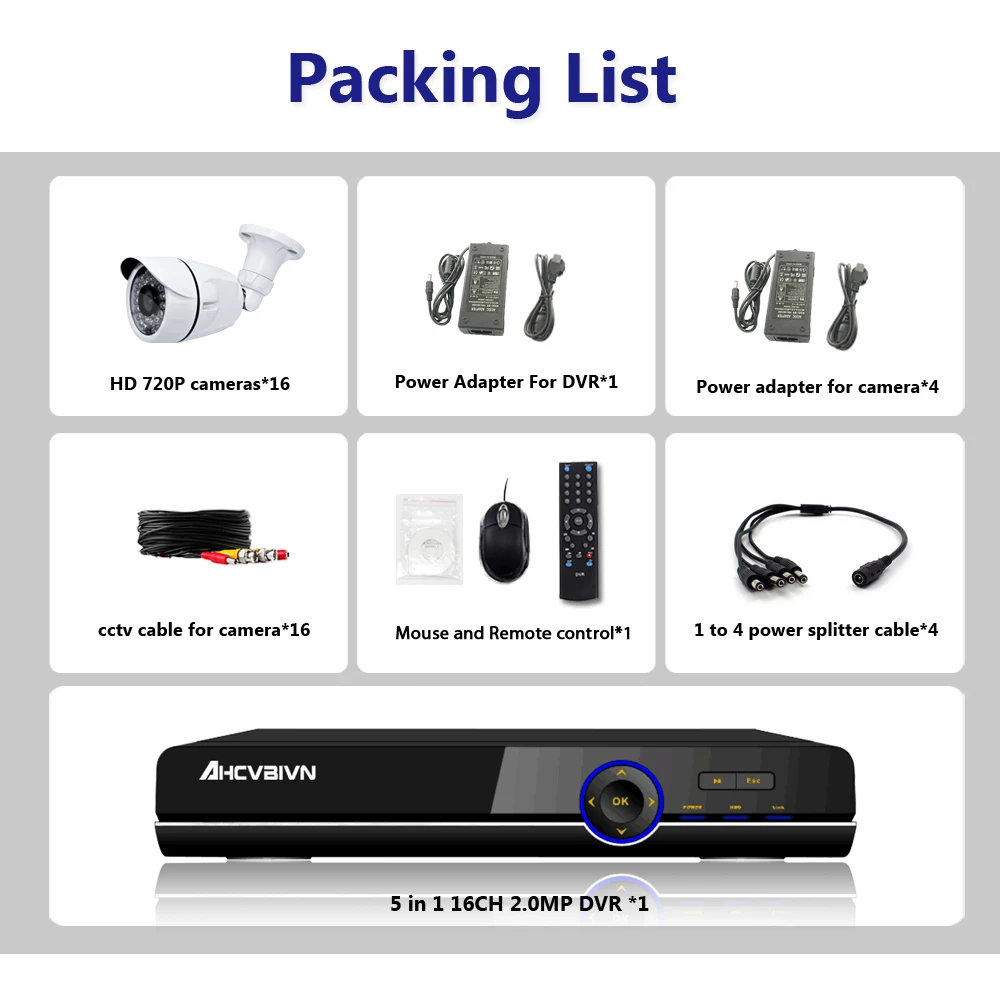  1080P AHD DVR NVR CCTV 16CH HDMI 16pcs AHD 720P 2000TVL IR Weatherproof CCTV Camera Security System