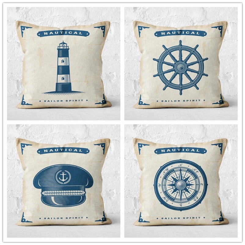

Retro Marine throw Pillow Cover Mediterranean Cushion Cover for Sofas Seahorse Pillow Polyester Linen Cojines Navigation Icon