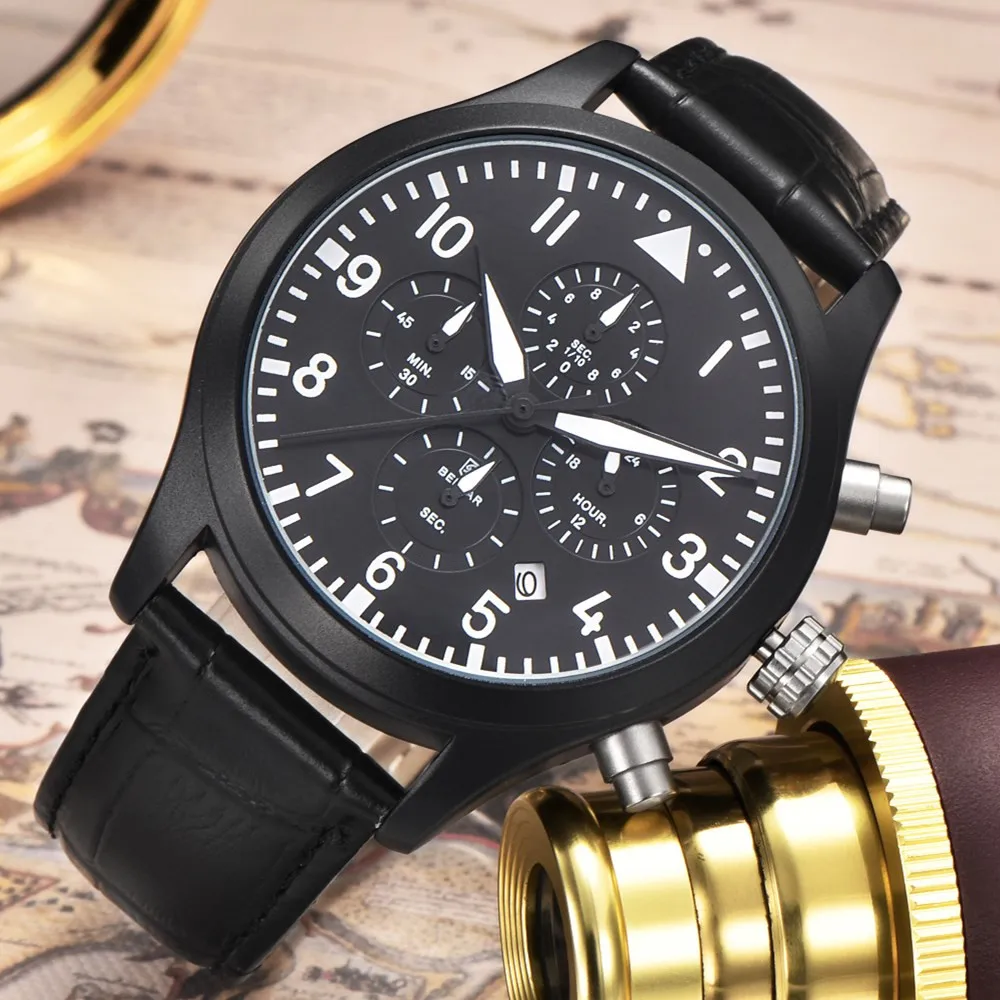 BENYAR Leather Fashion Chronograph Waterproof Sports Watch Pilot series Luxury Brand Date Multifunction Men's Quartz Watch Clock