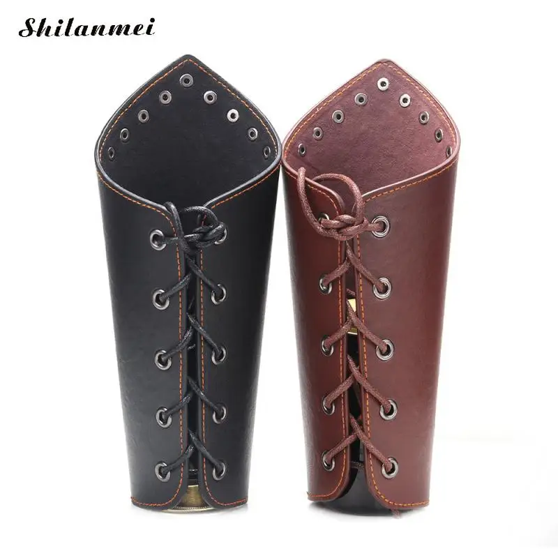 1pc Cross String Black Steampunk Medieval Gauntlet Wristband Brown Cosplay Props Faux Leather Wide Bracer Lace Up Arm Armor Cuff