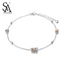SA SILVERAGE Real 925 Sterling Silver Anklets for Women Fine Jewelry Sexy Anklet Wear on Leg Pink Round