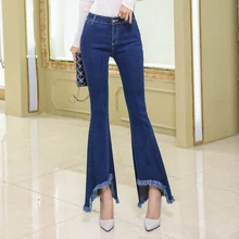 Джинсы бойфренда для женщин горячая Распродажа винтажные Синие рваные джинсы с бахромой джинсовые потертые расклешенные брюки женские длинные эластичные джинсы