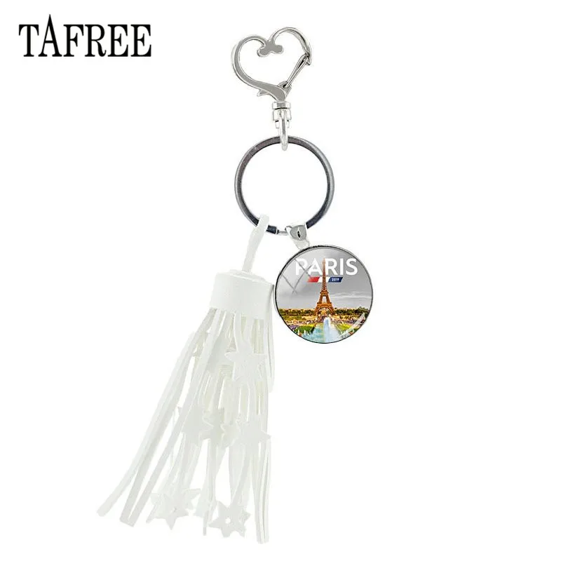 

TAFREE Vinatge French Paris Eiffel Tower Pendant Keychain Glass Cabochon Tassel Heart Shape Clasps Key Ring Holder Jewelry PR44