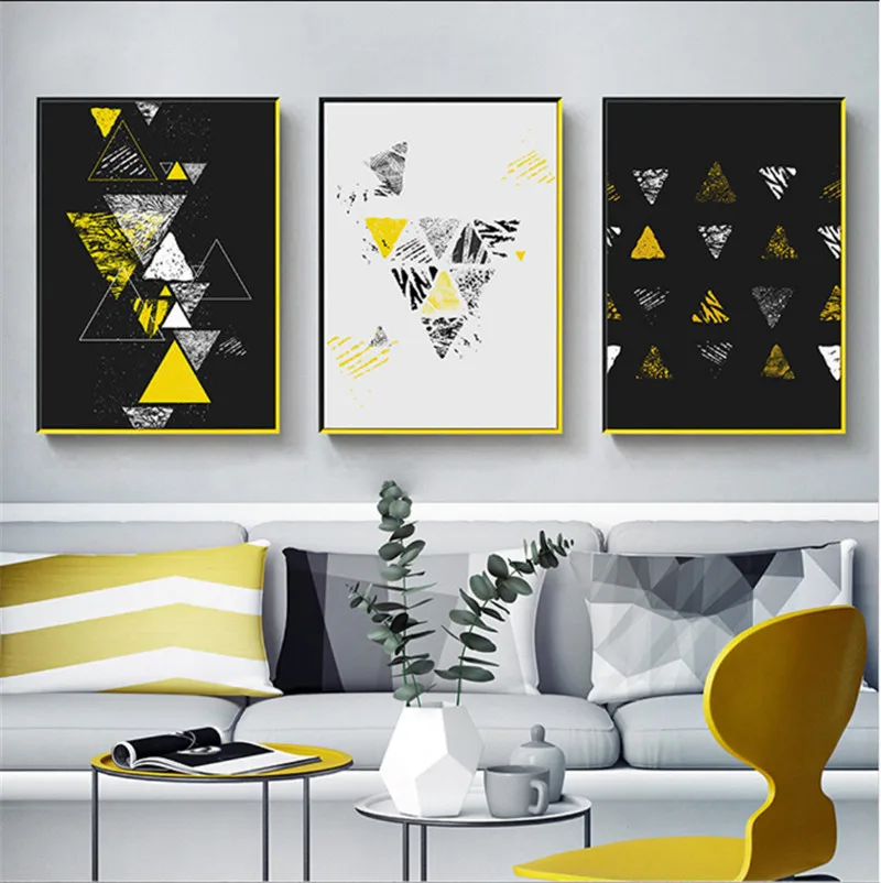 

3 Pieces Nordic Abstract Collision Color Geometry Yellow Hanging Decor Printed Canvas for Living Room Wall Art Pictures no Frame