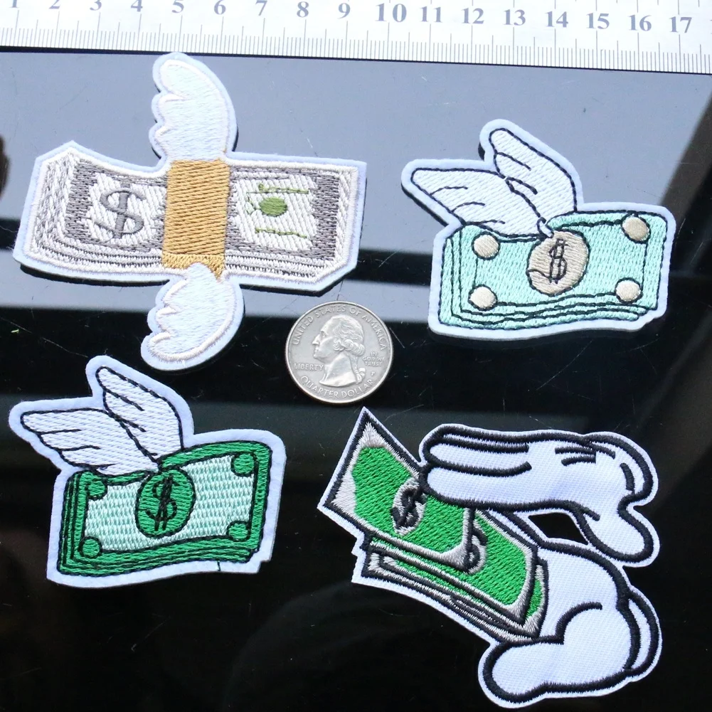 

4Pc Flying Money Funny Wing Cash Lucky Embroidered Applique Sewing Iron on Patch Badge Dollar Bill Wings DIY Fabric Finishes