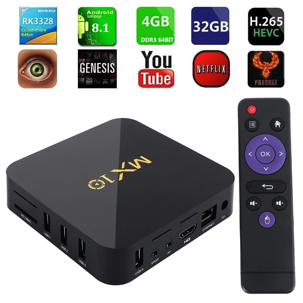 

MX10 Smart TV BOX Android 8.1 Rockchip RK3328 DDR4 4GB Ram 64GB Rom IPTV Smart Set-top Box 4K USB 3.0 HDR H.265 Media Player Box