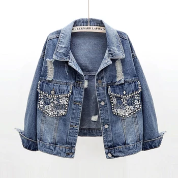 

Diamonds Beading Denim Jacket Women Short Loose Korean 2020 Spring Autumn Jeans Jacket Basic Coat Outwear Vintage Bomber Jackets
