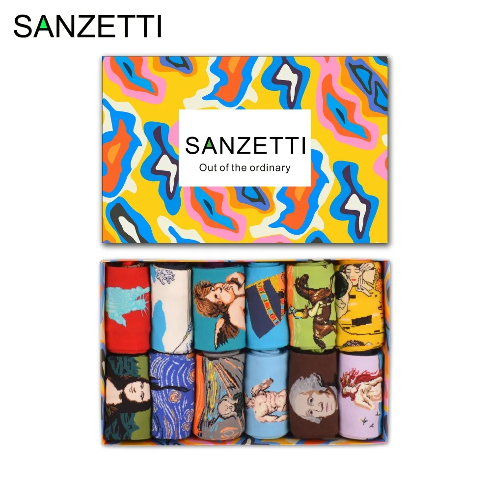 

SANZETTI 12 pairs/lot Gift Box Colorful Men's Novelty Combed Cotton Socks Retro Oil Panting Mona Lisa Angel Casual Funny Socks
