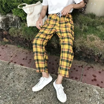 

2018 Autumn Japanese Style Women Yellow Color Pants Casual High Waist Tie Stripe Plaid Cotton Pants