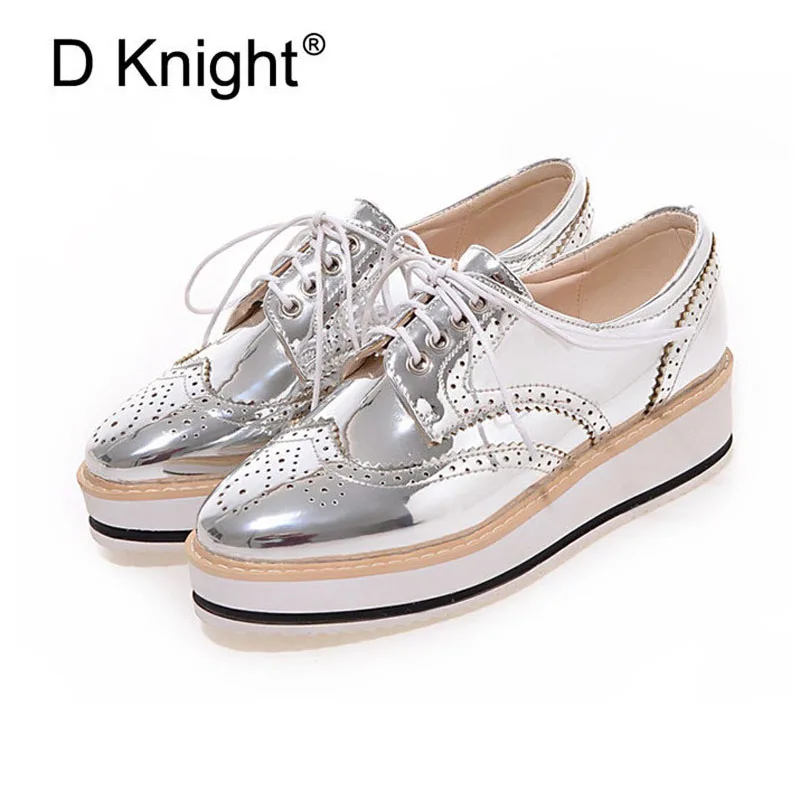 

New Fashion Shining Patent Lace Up Platform High Heels Women Casual Wedge Shoes Big Size 34-43 Carved Brogue Oxfords For Women