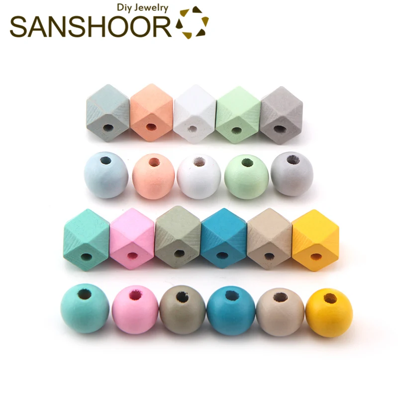 

SANSHOOR Mixed Geometric Wooden Beads Include Hexagon and Round Shape Selected 15/20mm Fit Diy Pendant Necklace Earrings 40pcs