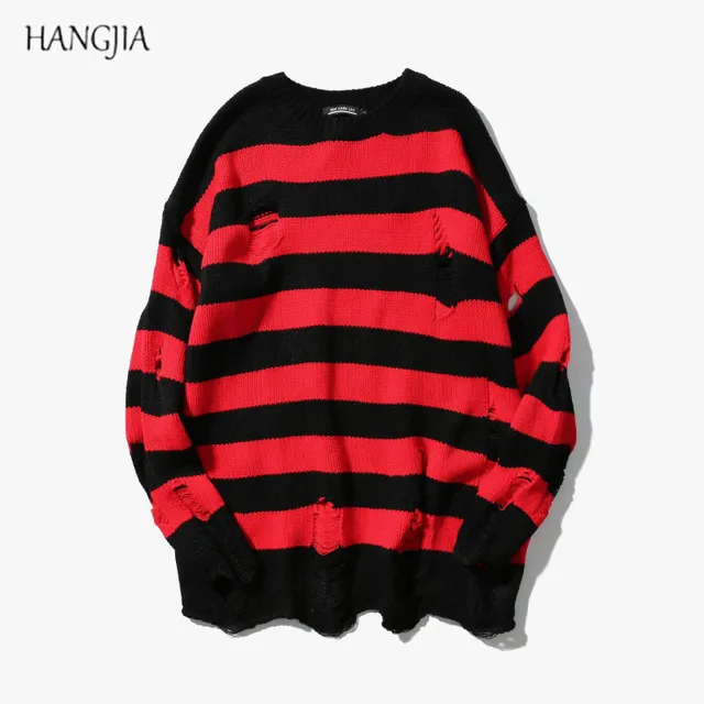 Black Red Striped Sweaters Washed Destroyed Ripped Sweater Men Hole Knit Jumpers Men Women Oversized Sweater Harajuku 1
