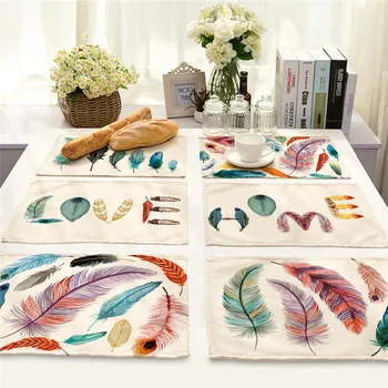 

1Pcs Colorful Feather Pattern Placemat Coaster Cotton Linen Kitchen Pads Dining Table Mats Western Mat 42*32cm Home Decor MA0006