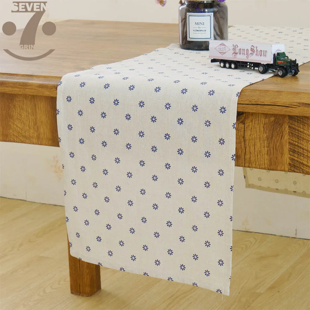 

Free Shipping Home Decorative Blue flower Pattern Cotton Linen Table Runner