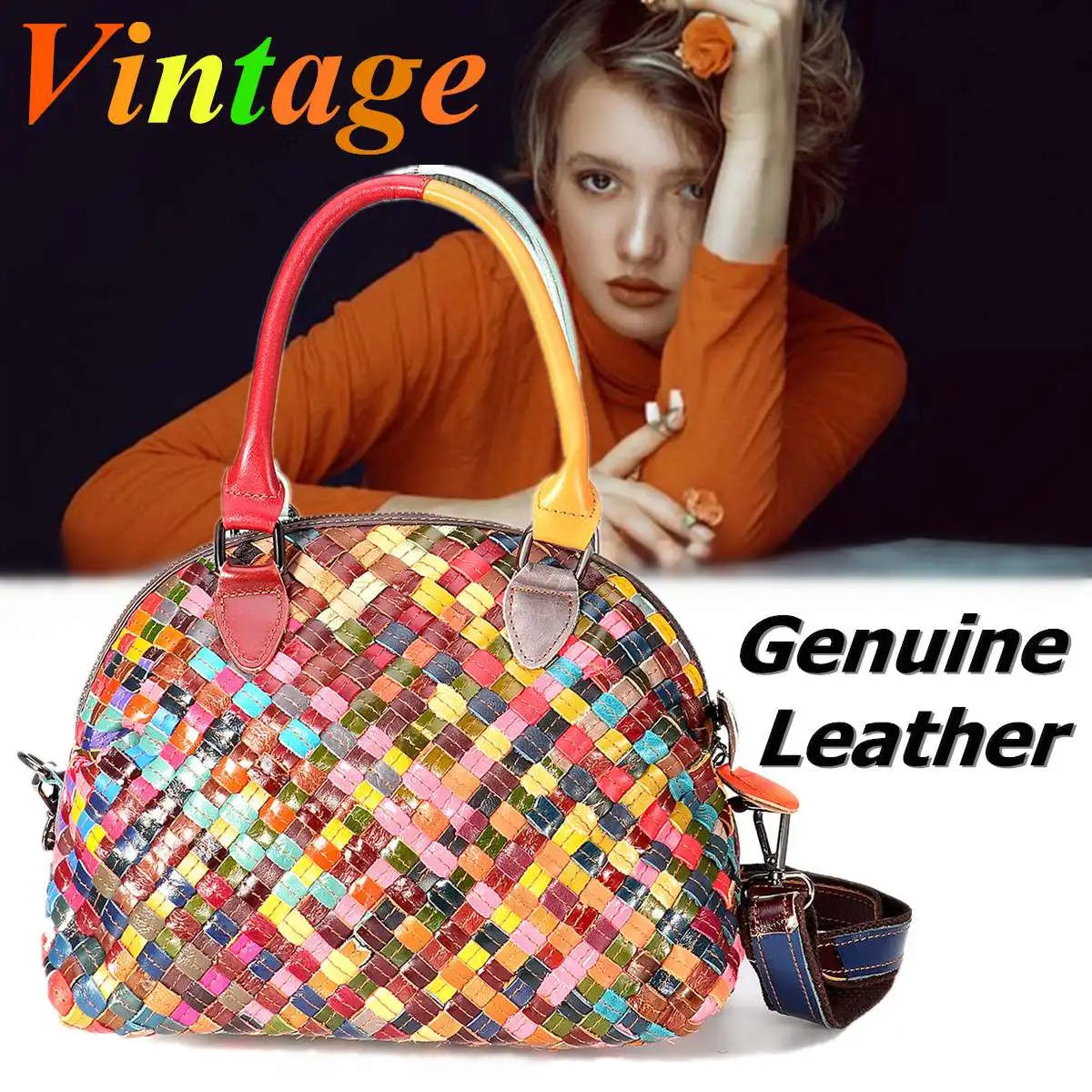 

Women Genuine Leather Handbag luxury Weave Patchwork Vintage Crossbody Bag Ladies Messenger Shoulder Bag Tote Purse Random Color
