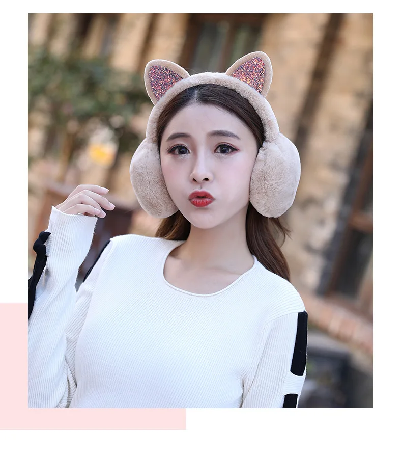 Winter New Ladies Girls Winter Plush Ear Pad Glitter Cat Earmuffs Headband Warmer Outdoor Cute Earmuff