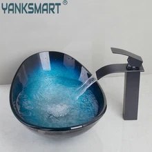YANKSMART роскошный умывальник для ванной комнаты из закаленного стекла, ручная роспись, черный, масло, потертый водопад, кран для раковины, латунный набор, кран