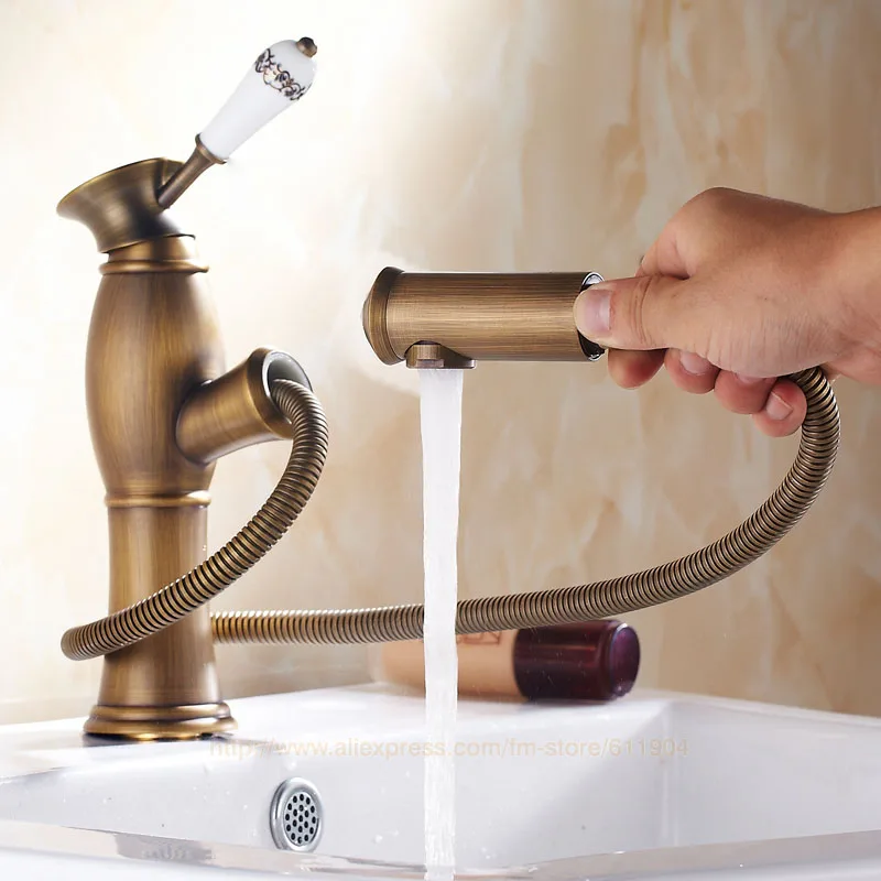 Pull Out Bathroom Faucet Antique Brass Lavatory Basin Sink Tall Faucets